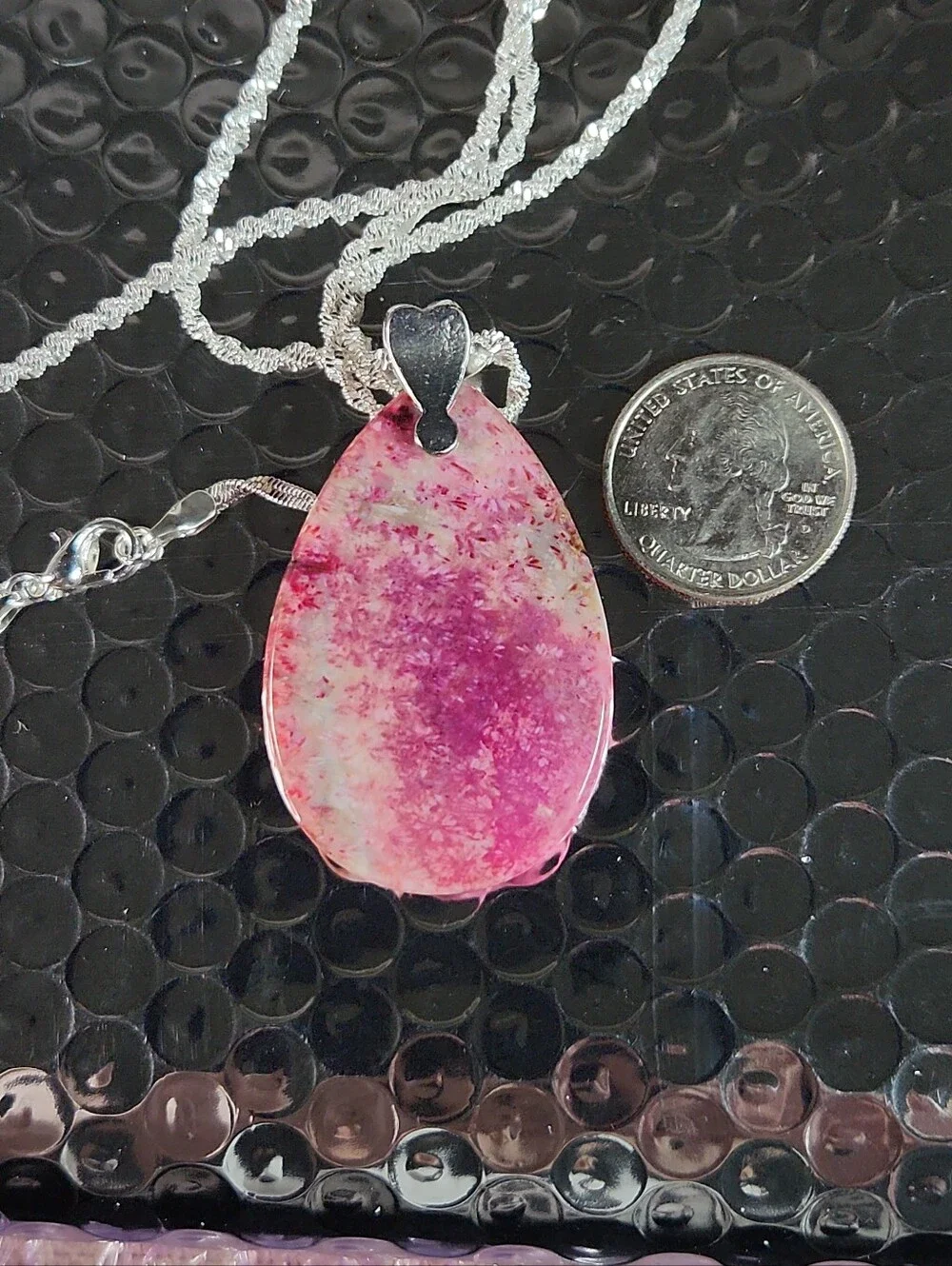 Stunning,Xtra-Large Bright Pink Agate Pendant/Sparkly Bail. Comes/Twisted-Chain